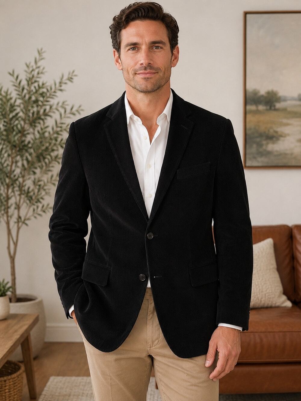 Adolfo Men’s Black Corduroy Blazer Sport Coat 2 Button Red Trim Lined Classic